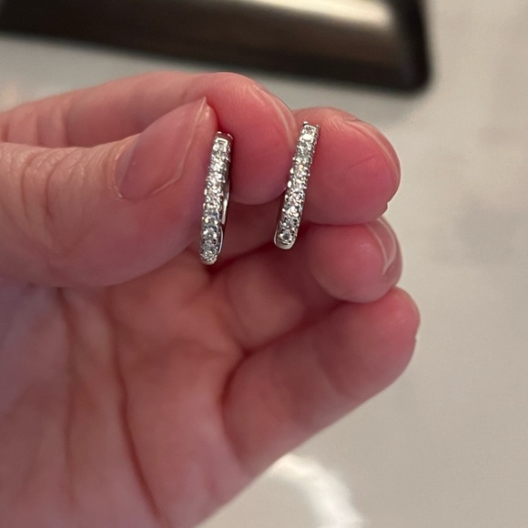 Silver Diamond Huggie Hoop Earrings - Picture 3 of 5